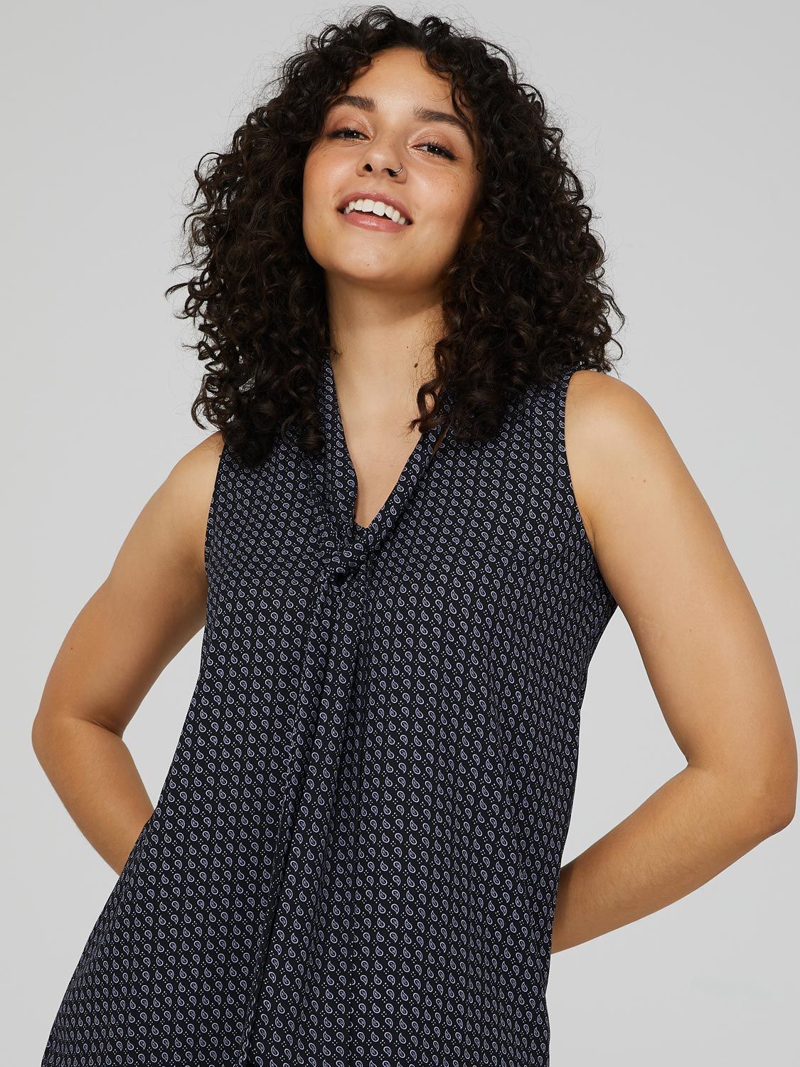 Printed Sleeveless Chiffon V-Neck Top With Tie sold by Suzy Shier product image thumbnail 2