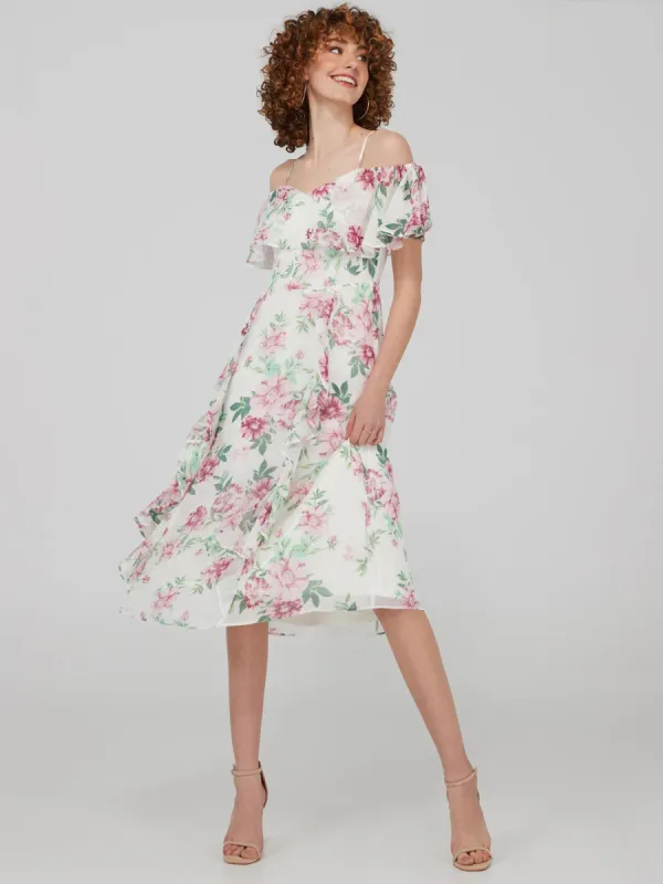 Floral Print Off-The-Shoulder Midi Dress With Ruffle Detail sold by Suzy Shier
