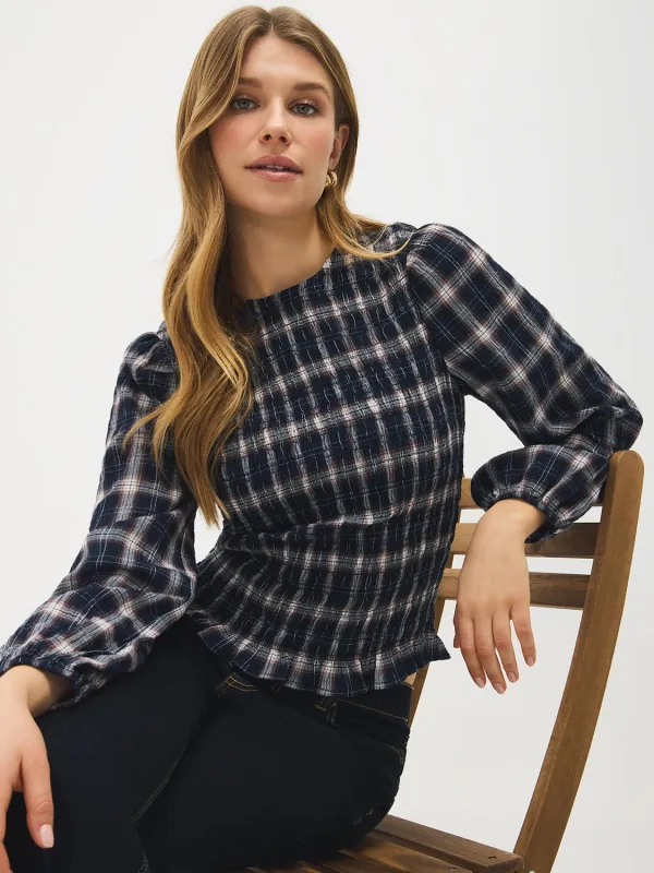 Plaid Smocked Cotton-Blend Top sold by Suzy Shier