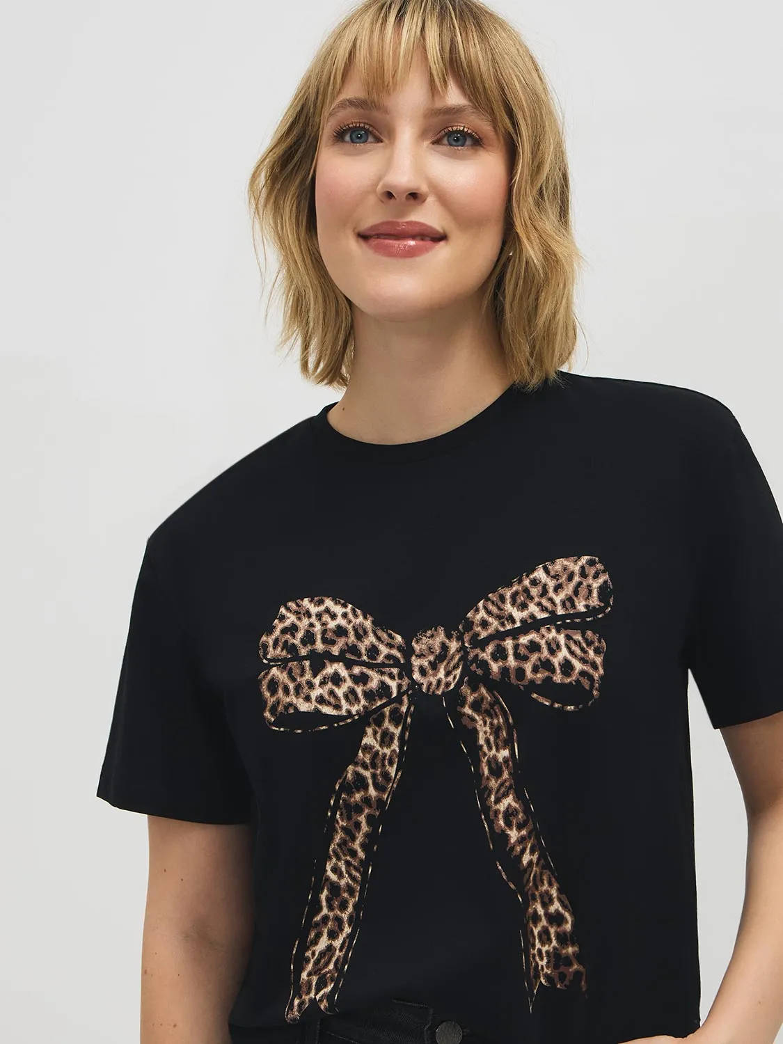 Leopard Bow Print Cotton T-Shirt sold by Suzy Shier