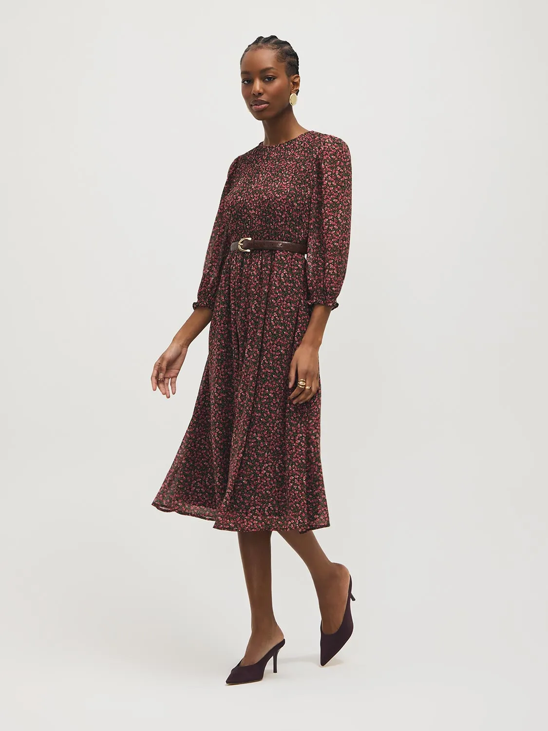 Smocked Floral Chiffon Midi Dress sold by Suzy Shier product image thumbnail 4