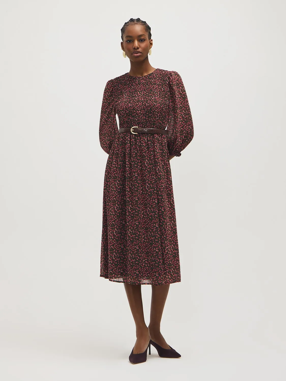 Smocked Floral Chiffon Midi Dress sold by Suzy Shier