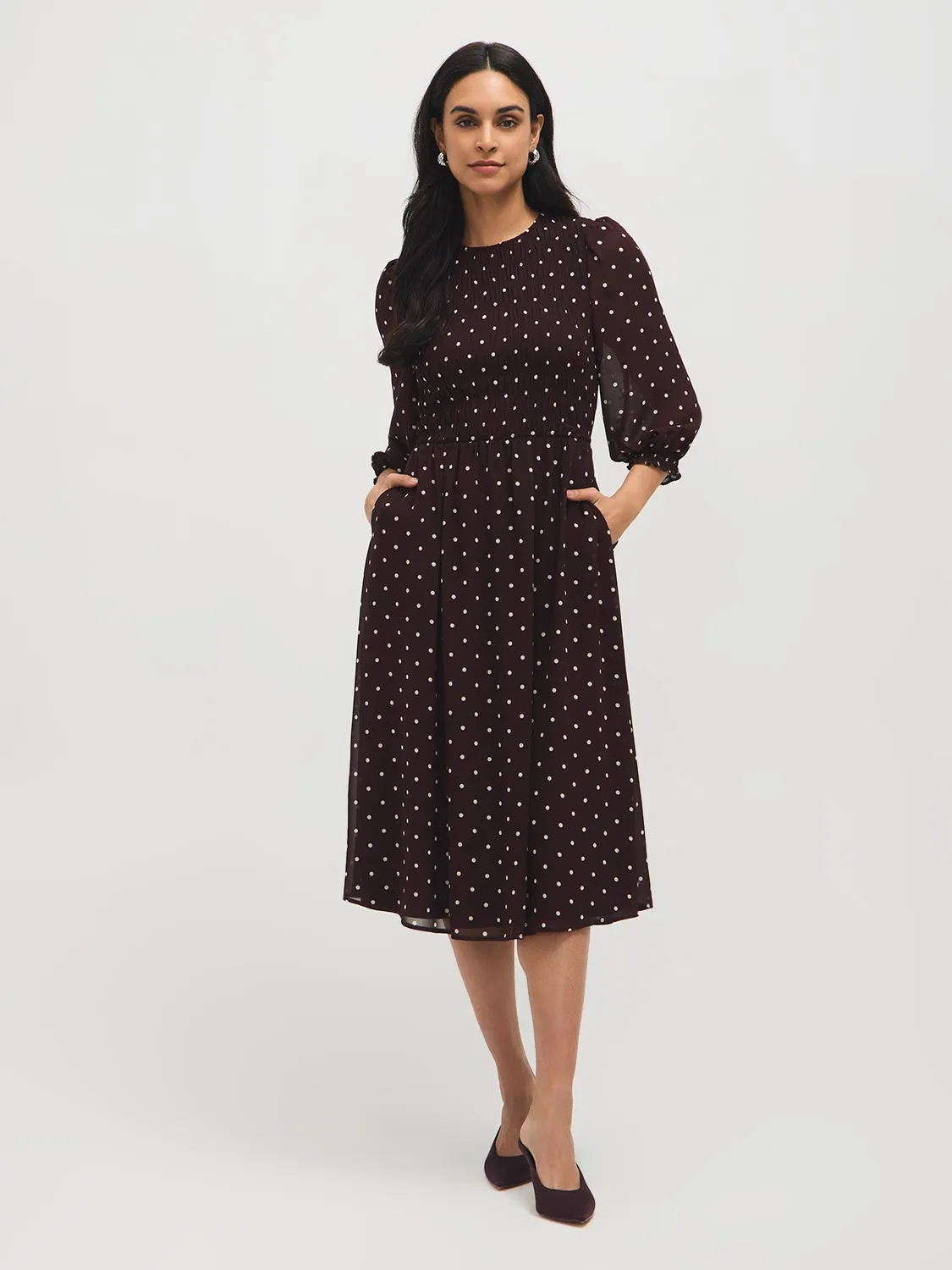 Smocked Polka Dot Chiffon Midi Dress sold by Suzy Shier product image thumbnail 4