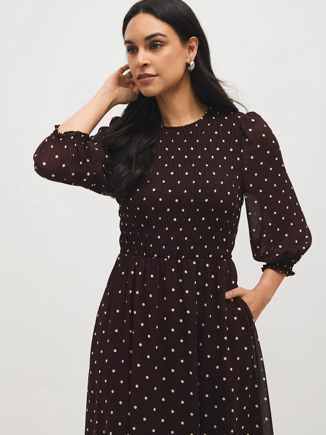 Smocked Polka Dot Chiffon Midi Dress sold by Suzy Shier product image thumbnail 2