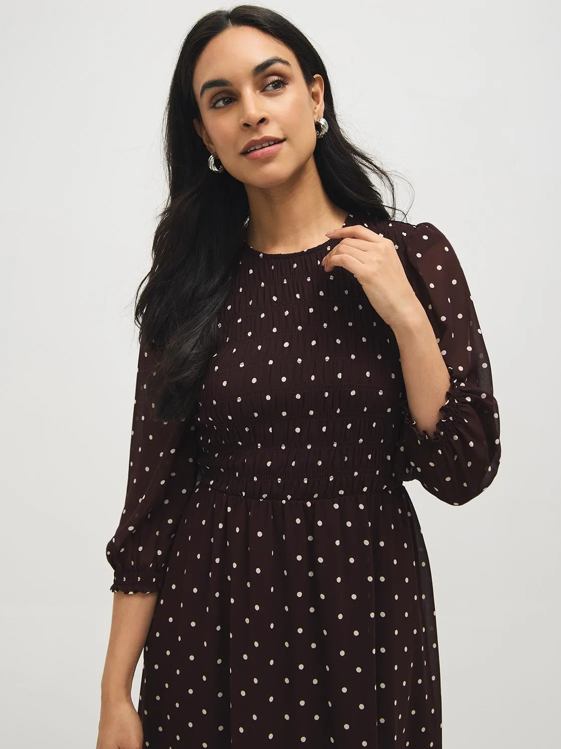 Smocked Polka Dot Chiffon Midi Dress sold by Suzy Shier product image thumbnail 3