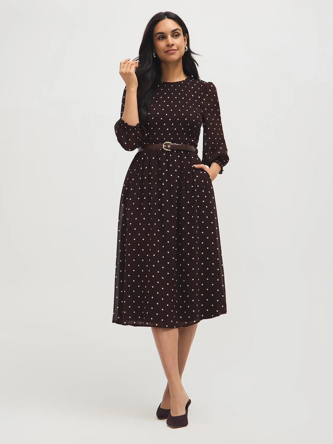 Smocked Polka Dot Chiffon Midi Dress sold by Suzy Shier