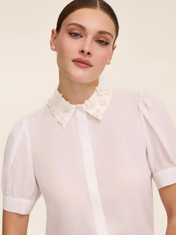 Short Sleeve Blouse With Floral Appliqués sold by Suzy Shier