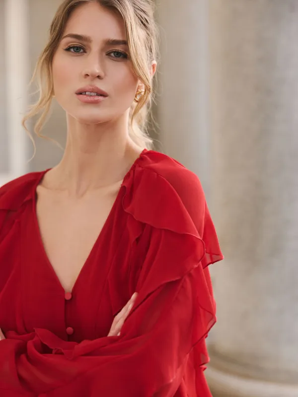 V-Neck Ruffle Blouse sold by Suzy Shier