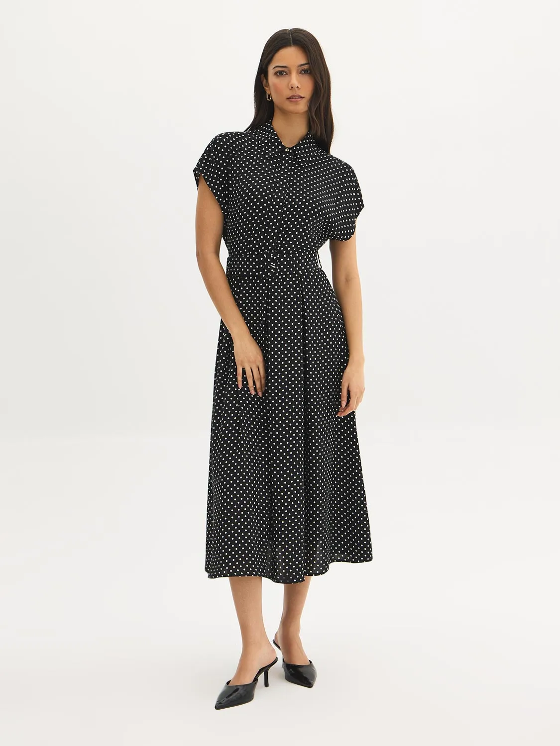 Polka Dot Midi Shirt Dress sold by Suzy Shier