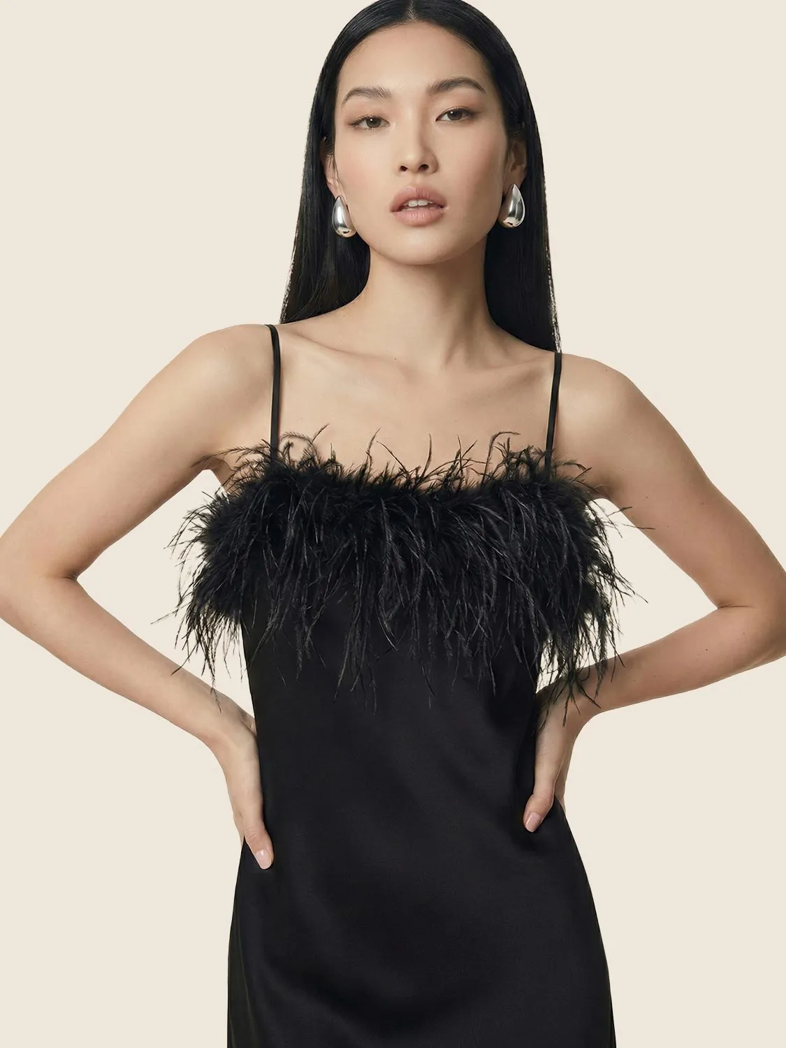 Feathered Midi Satin Slip Dress sold by Suzy Shier product image thumbnail 2