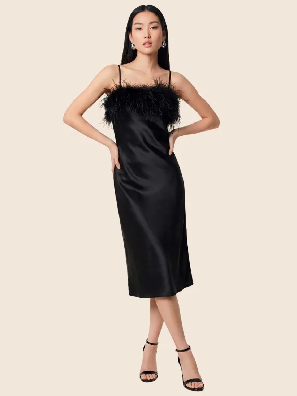 Feathered Midi Satin Slip Dress made by Suzy Shier