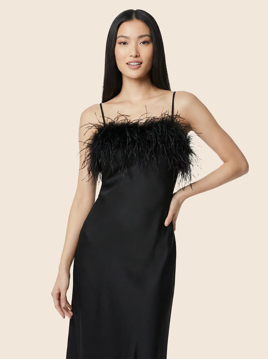 Feathered Midi Satin Slip Dress sold by Suzy Shier product image thumbnail 3