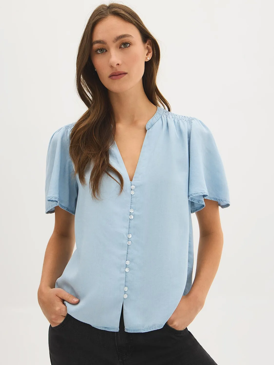 Denim Flowy Short Sleeve Blouse sold by Suzy Shier product image thumbnail 2