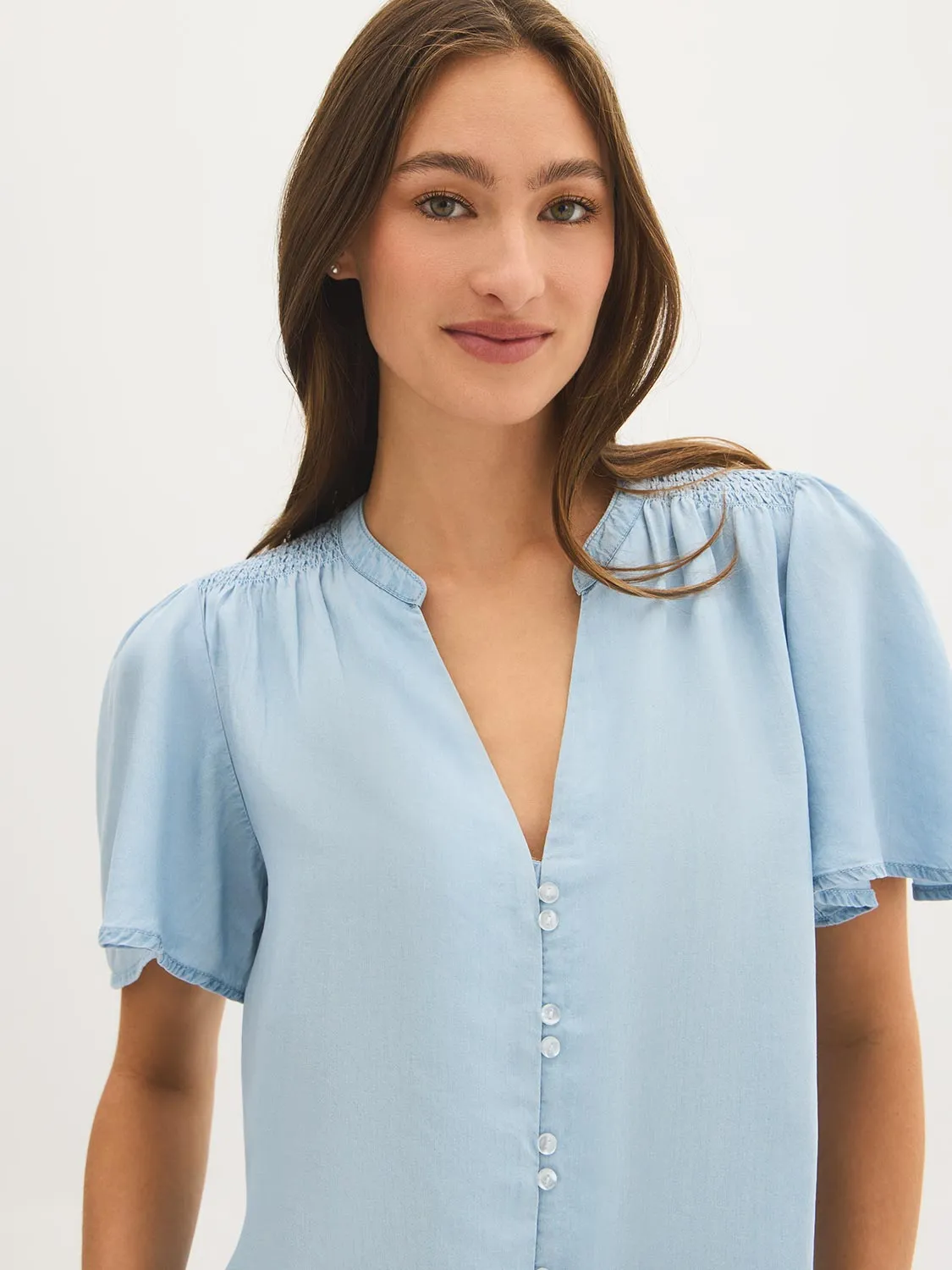 Denim Flowy Short Sleeve Blouse sold by Suzy Shier