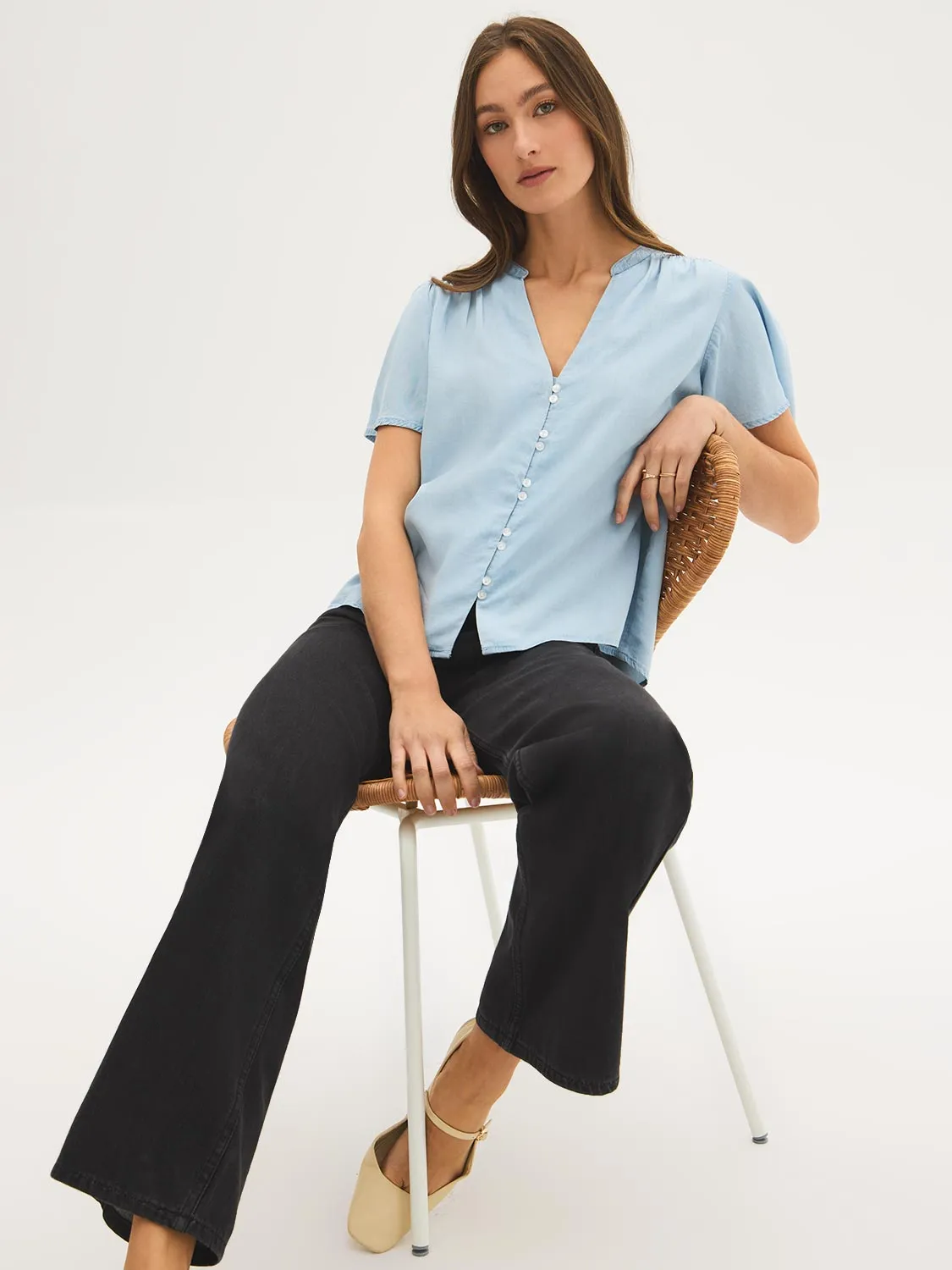 Denim Flowy Short Sleeve Blouse sold by Suzy Shier product image thumbnail 3