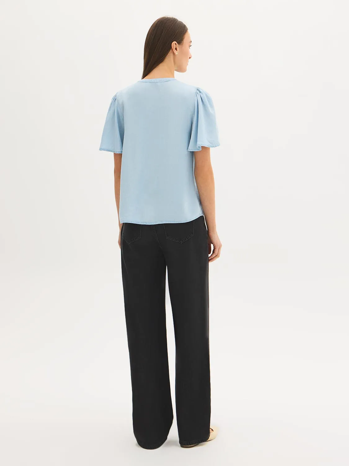 Denim Flowy Short Sleeve Blouse sold by Suzy Shier product image thumbnail 4