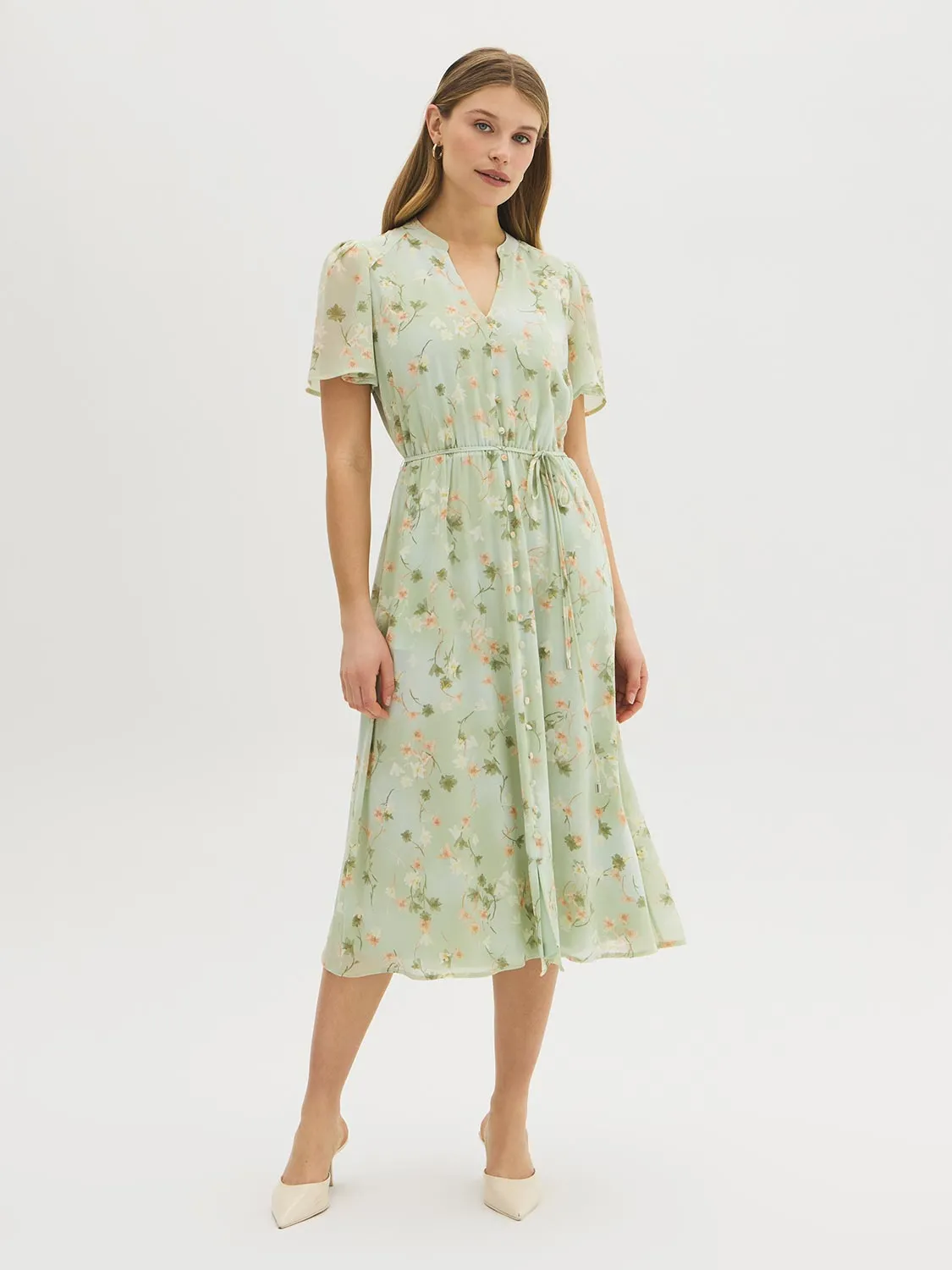 Floral Button-Front Chiffon Midi Dress sold by Suzy Shier