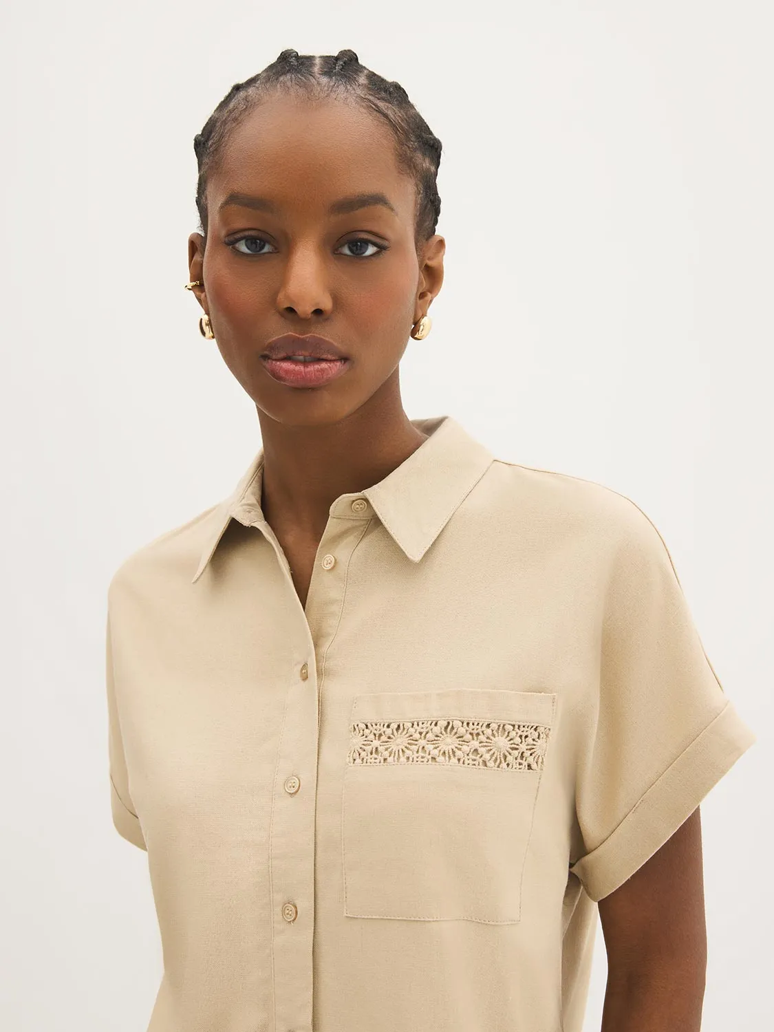 Crochet Hem Button-Front Blouse sold by Suzy Shier