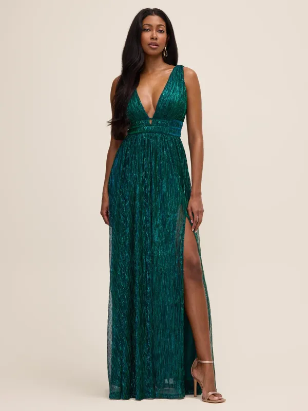 V-Neck Metallic Gown made by Suzy Shier