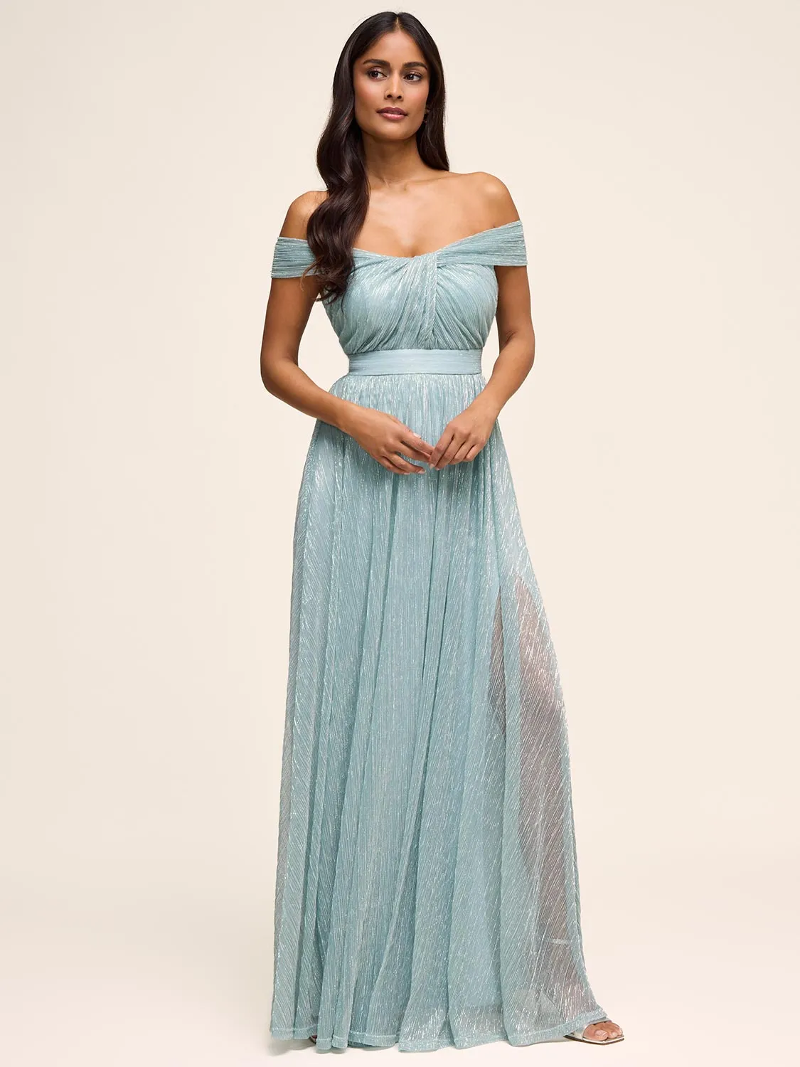 Off-The-Shoulder Metallic Gown sold by Suzy Shier