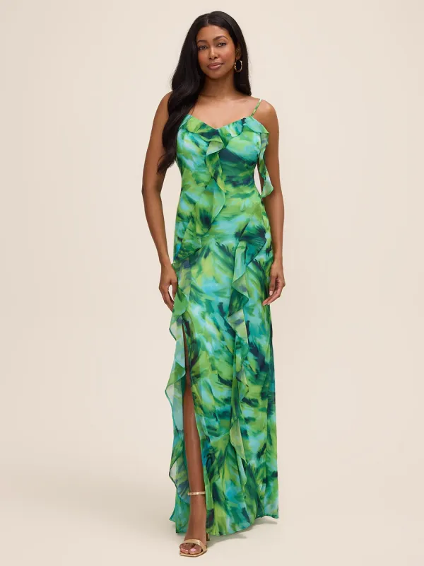 Printed Ruffle Chiffon Gown made by Suzy Shier