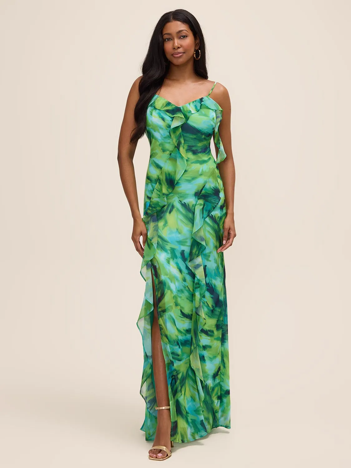 Printed Ruffle Chiffon Gown sold by Suzy Shier