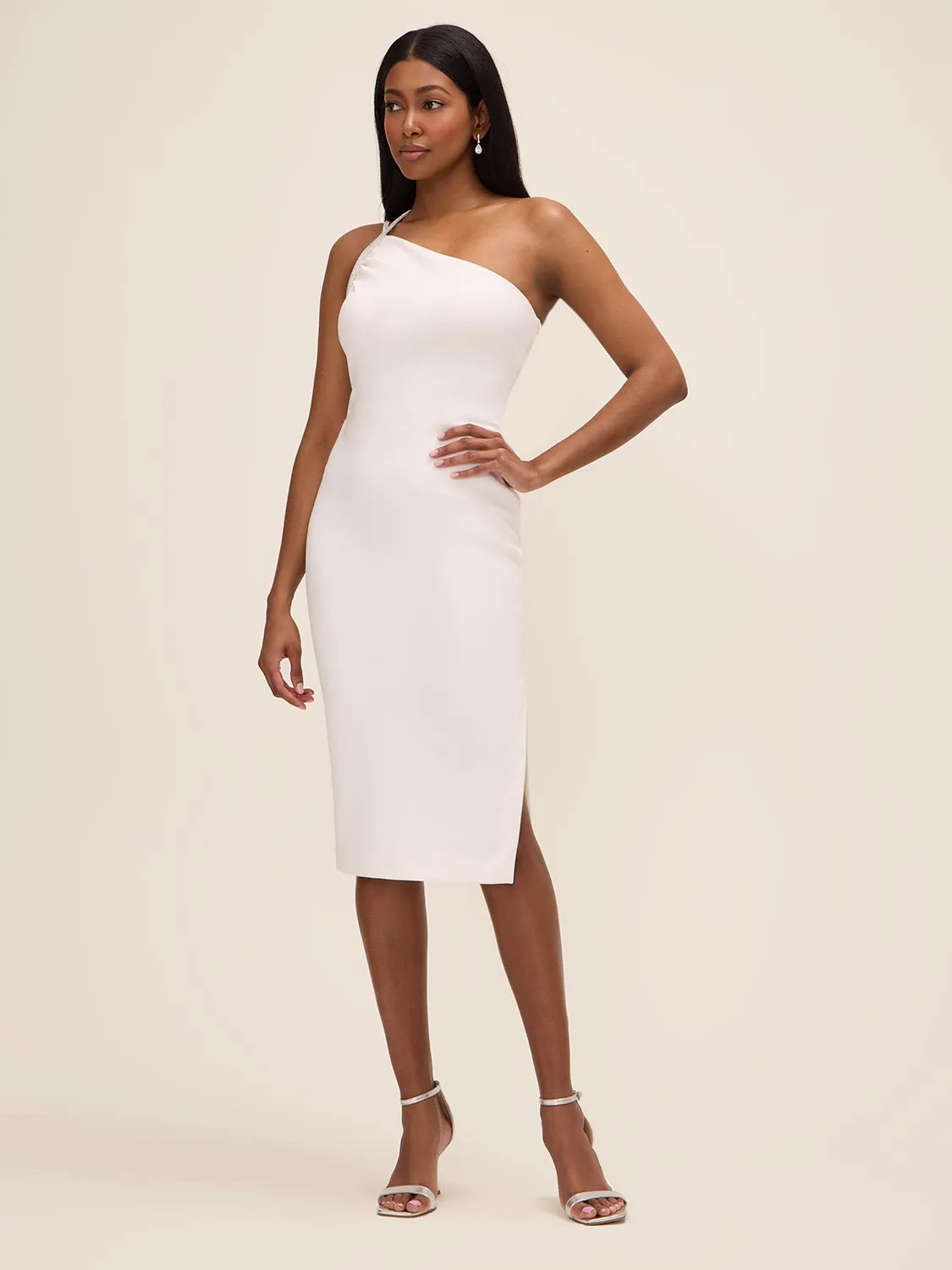 One-Shoulder Midi Dress With Rhinestone Trim sold by Suzy Shier
