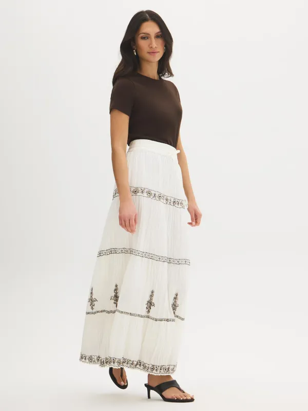 Cotton Embroidered Tiered Maxi Skirt made by Suzy Shier