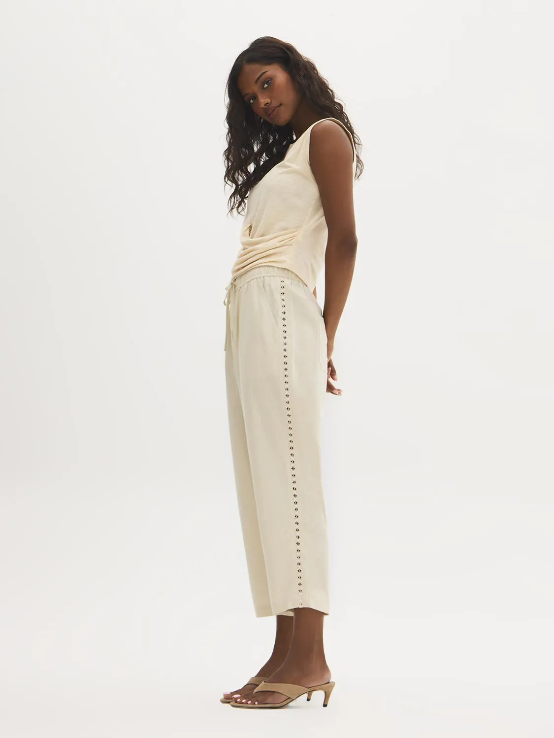 Linen-Blend Crochet Capri Pants sold by Suzy Shier
