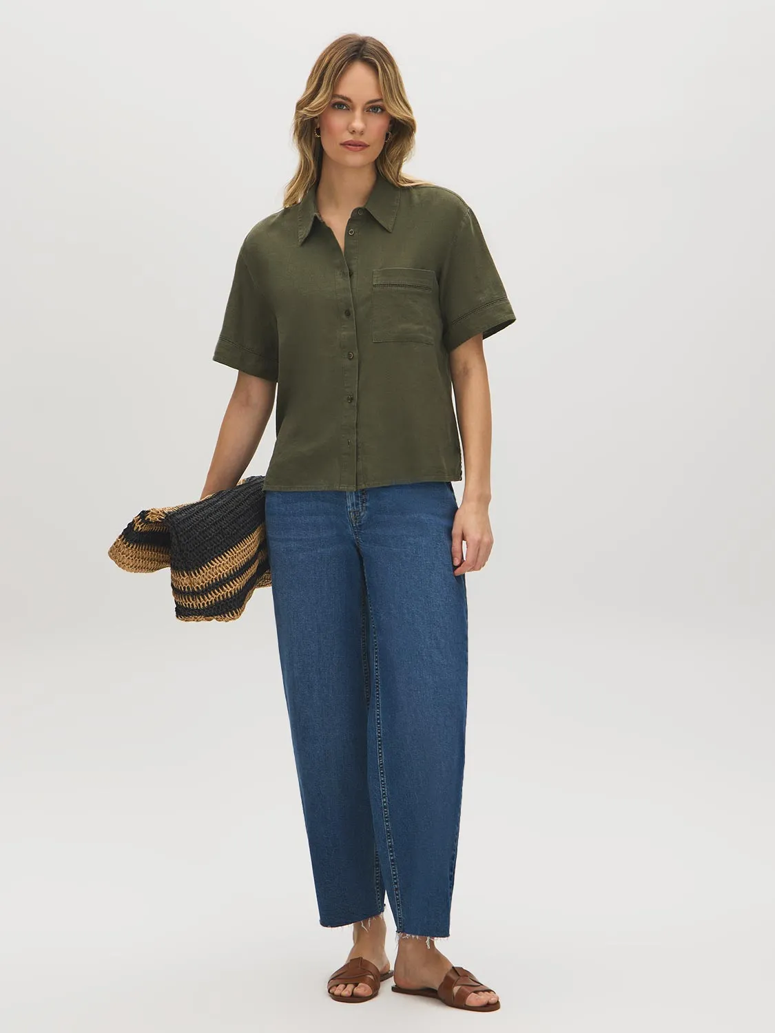 Linen-Blend Short Sleeve Blouse sold by Suzy Shier