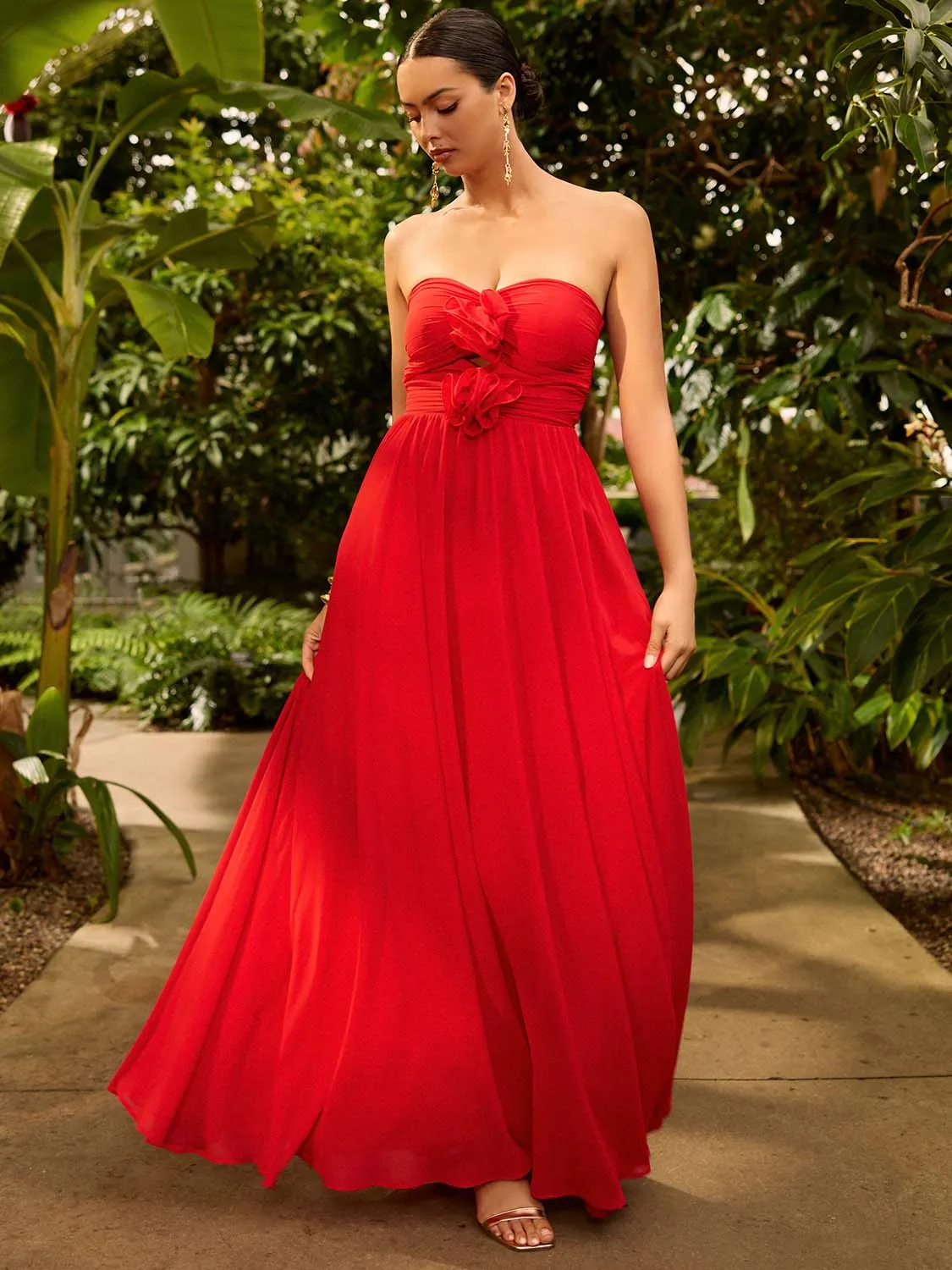Strapless Chiffon Gown With Rosettes sold by Suzy Shier