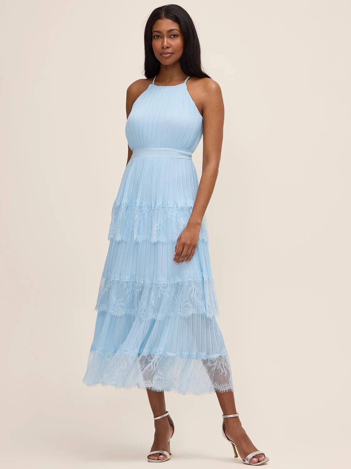 Pleated Chiffon Tiered Midi Dress sold by Suzy Shier