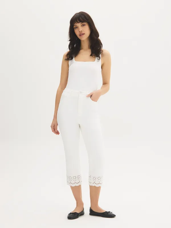 Cotton-Blend Eyelet Hem Capri Jeans made by Suzy Shier