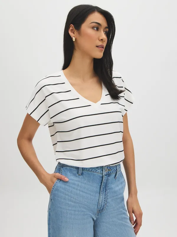 Striped V-Neck Dolman Sleeve T-Shirt made by Suzy Shier