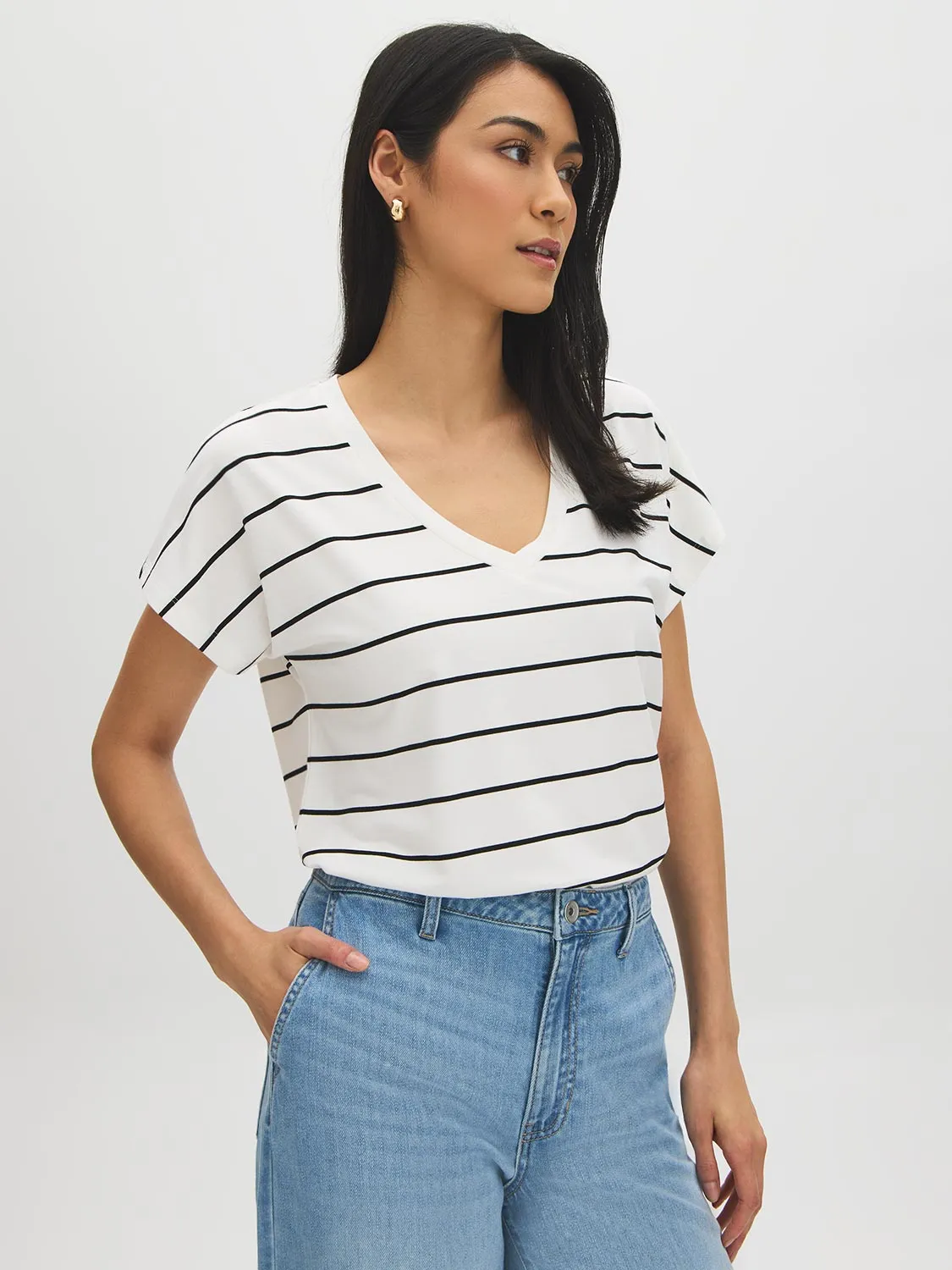 Striped V-Neck Dolman Sleeve T-Shirt sold by Suzy Shier