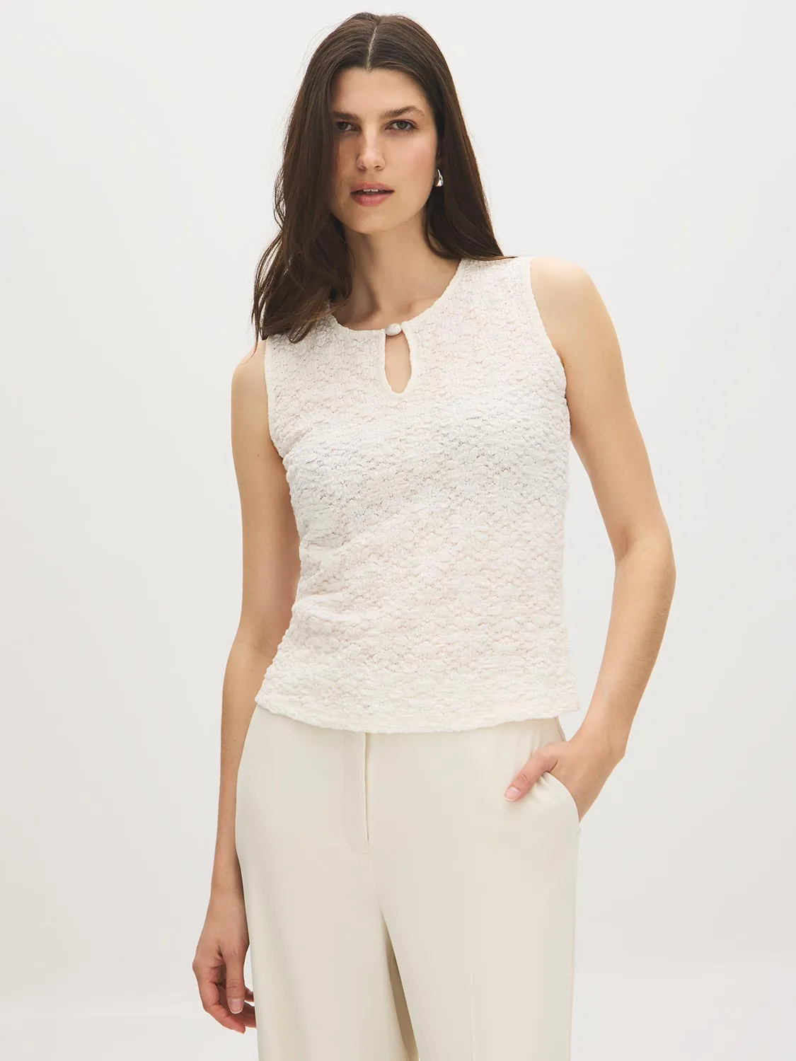 Sleeveless Bubble Lace Keyhole Tank sold by Suzy Shier