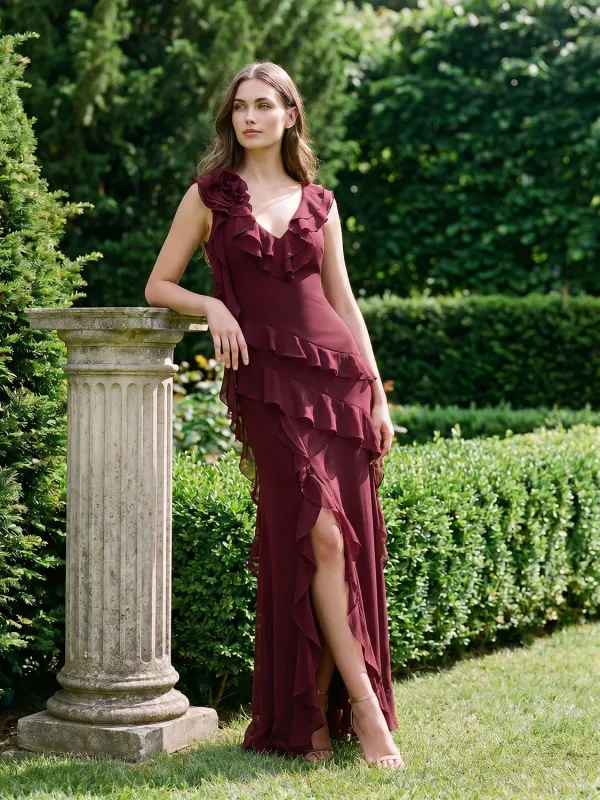 V-Neck Chiffon Gown with Tiered Ruffles made by Suzy Shier