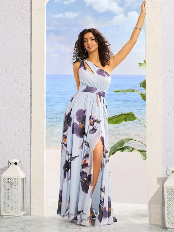 Printed One-Shoulder Chiffon Gown With Front Cutout sold by Suzy Shier