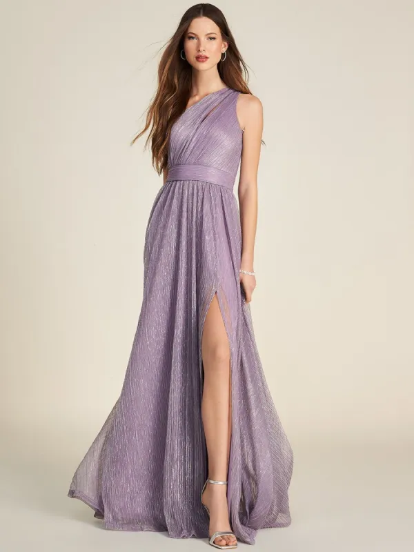 One-Shoulder Metallic Gown With Front Cutout sold by Suzy Shier
