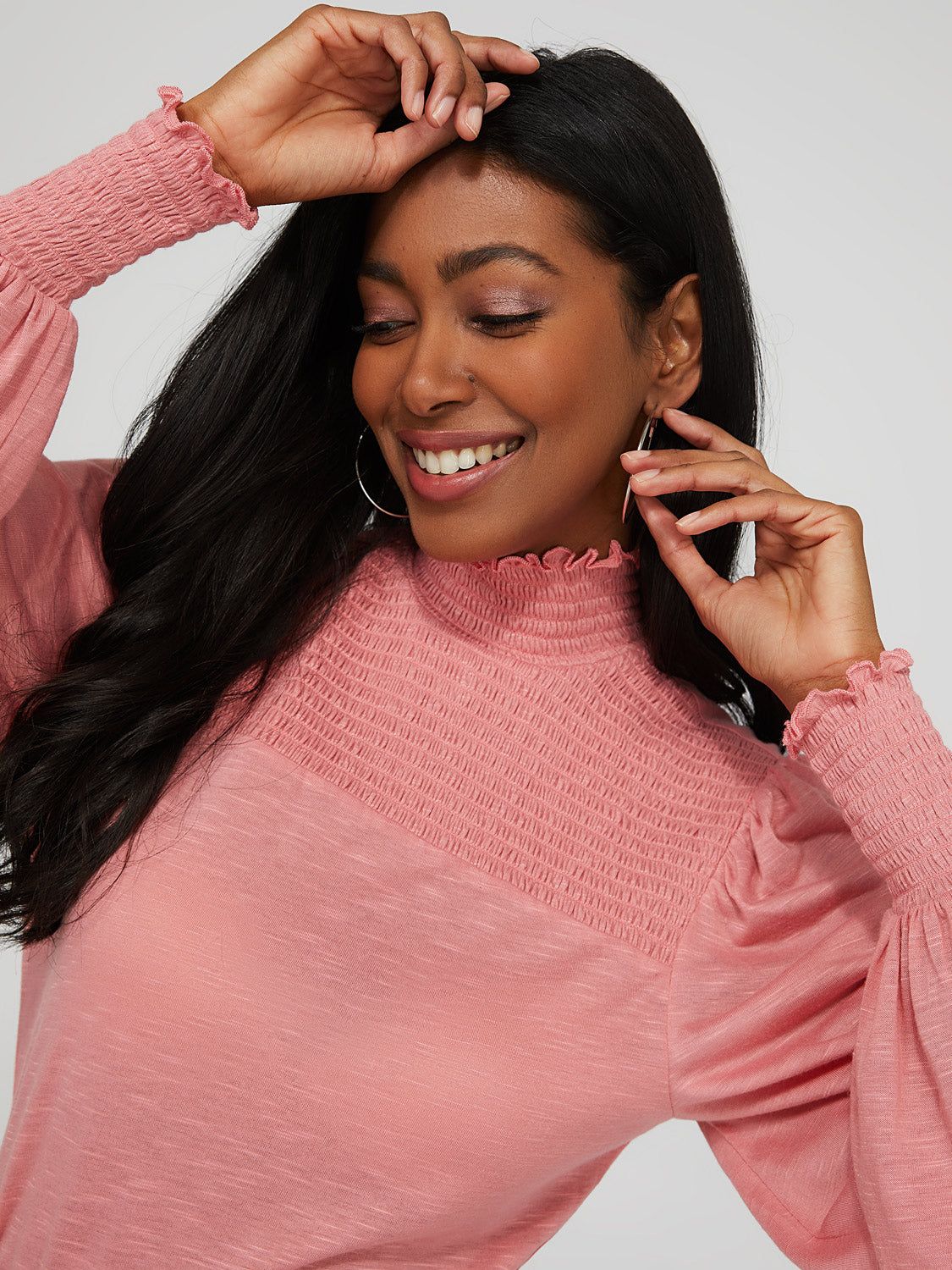 Smocked Mock Neck Top With Balloon Sleeve sold by Suzy Shier product image thumbnail 2