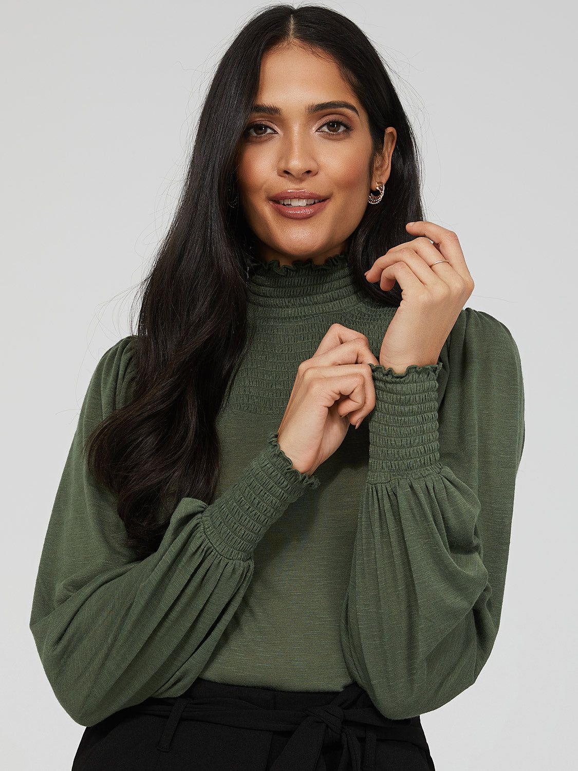 Smocked Mock Neck Top With Balloon Sleeve sold by Suzy Shier product image thumbnail 8