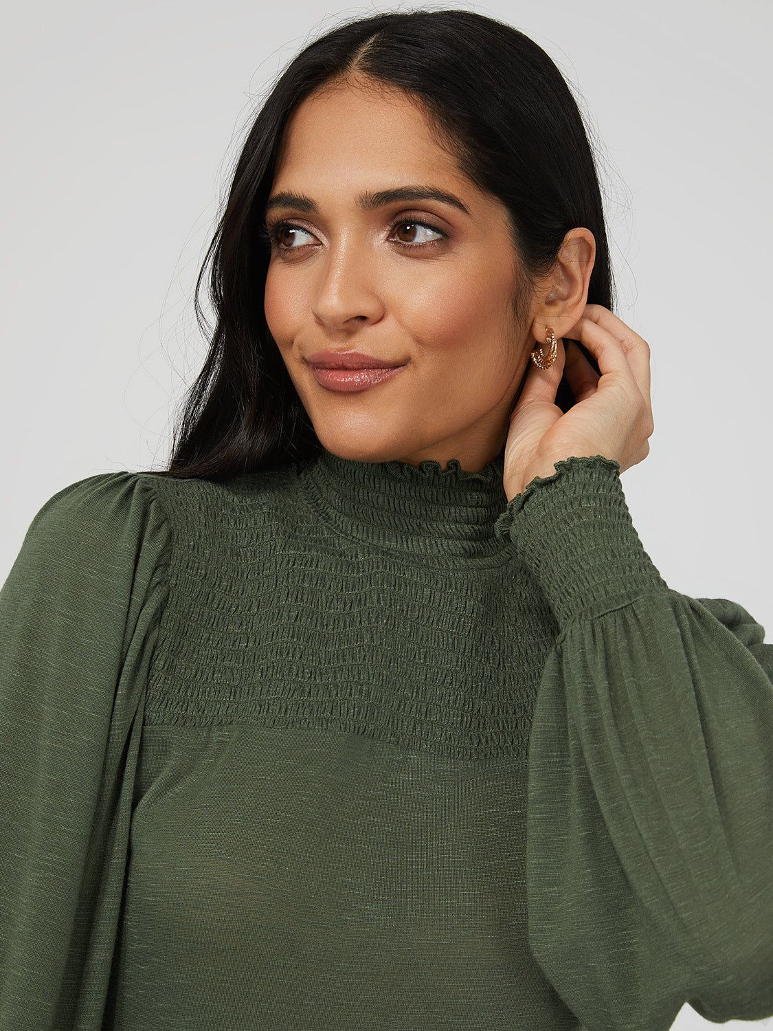 Smocked Mock Neck Top With Balloon Sleeve sold by Suzy Shier product image thumbnail 9