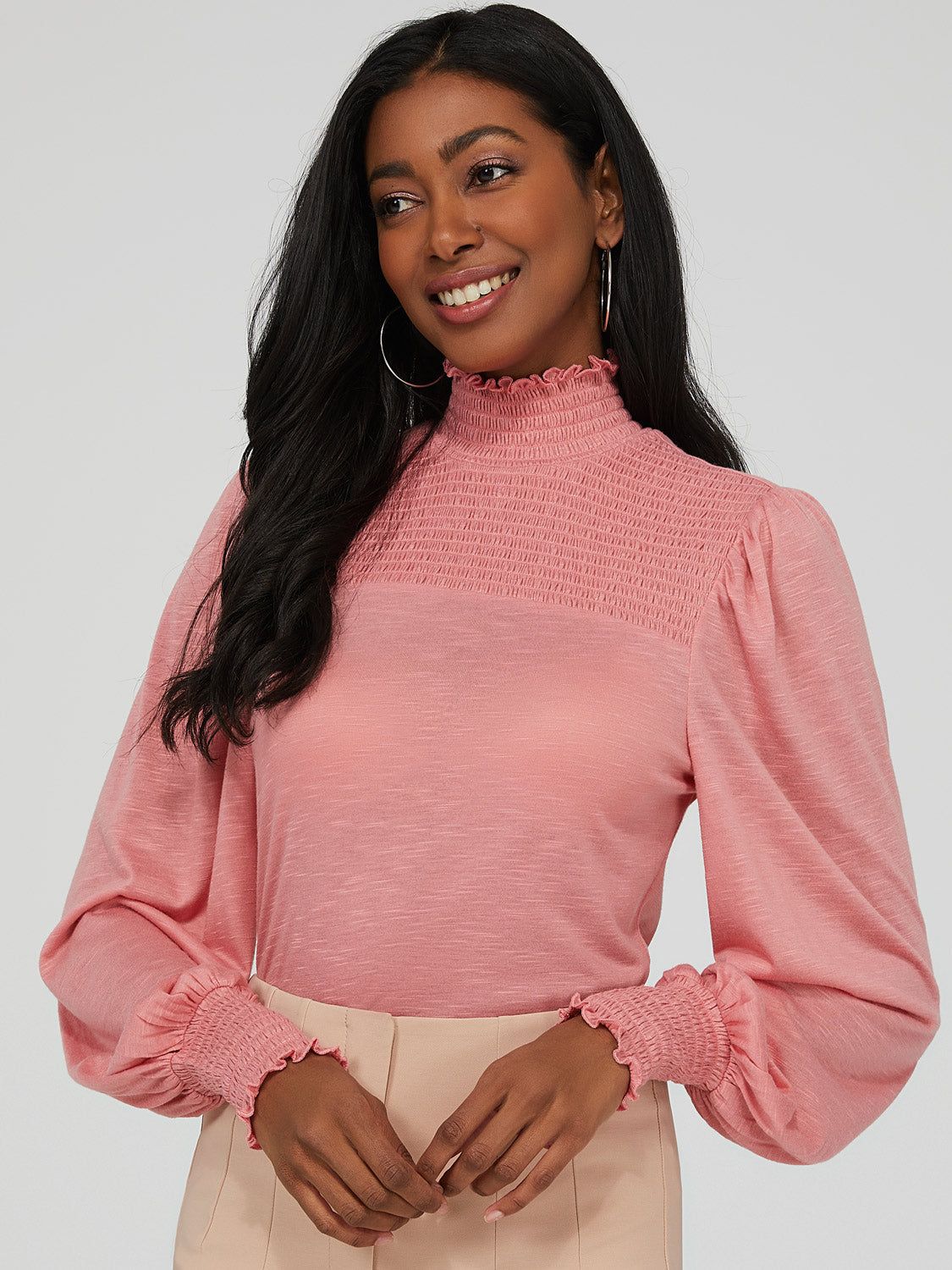 Smocked Mock Neck Top With Balloon Sleeve sold by Suzy Shier product image thumbnail 3