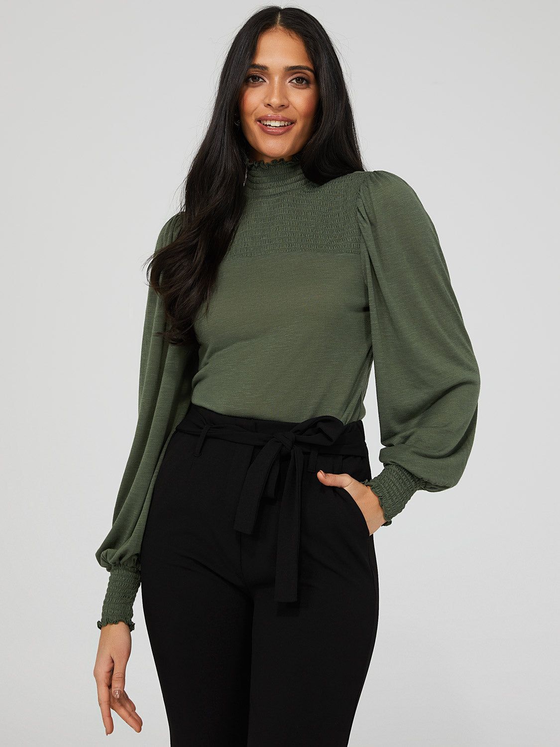 Smocked Mock Neck Top With Balloon Sleeve sold by Suzy Shier product image thumbnail 7