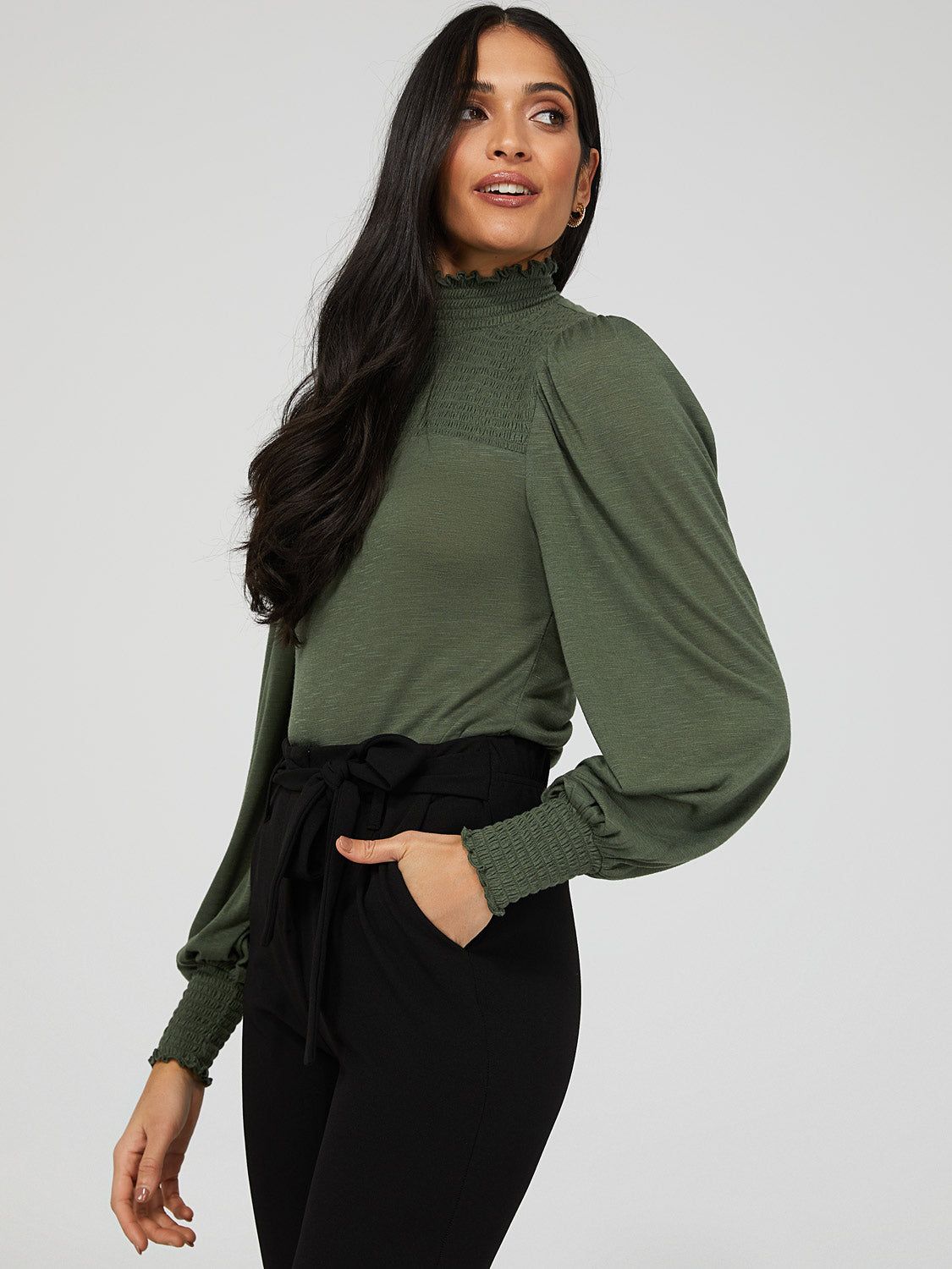 Smocked Mock Neck Top With Balloon Sleeve sold by Suzy Shier product image thumbnail 10