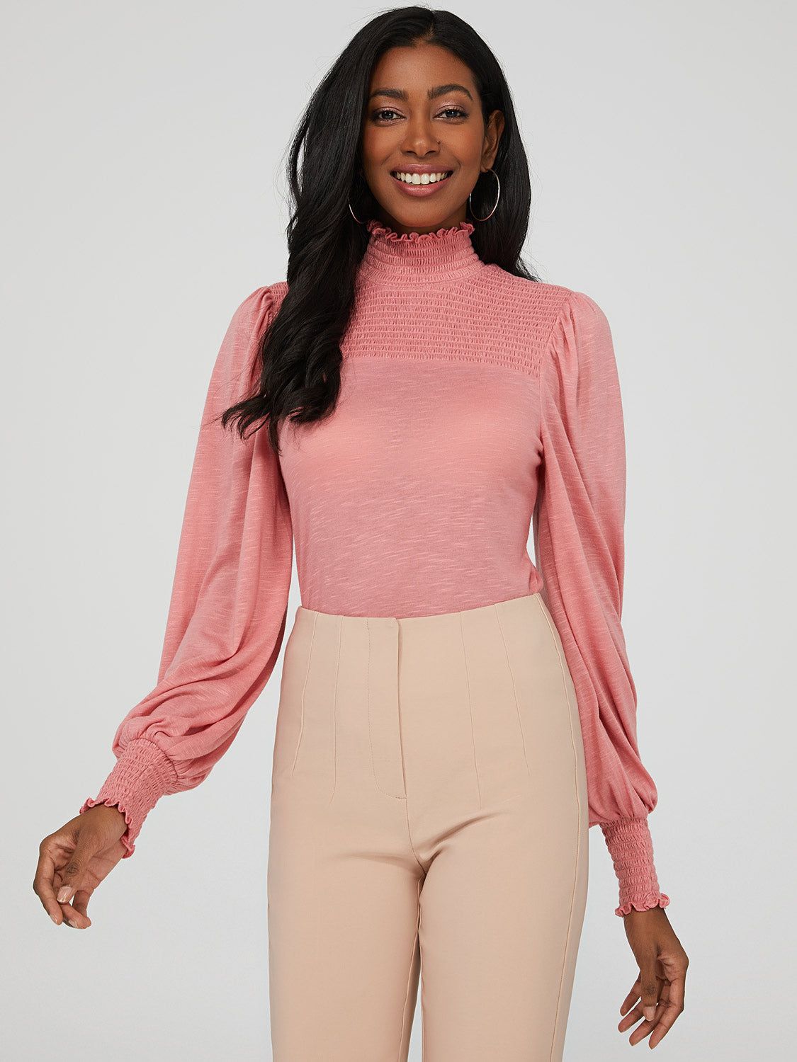 Smocked Mock Neck Top With Balloon Sleeve sold by Suzy Shier product image thumbnail 4