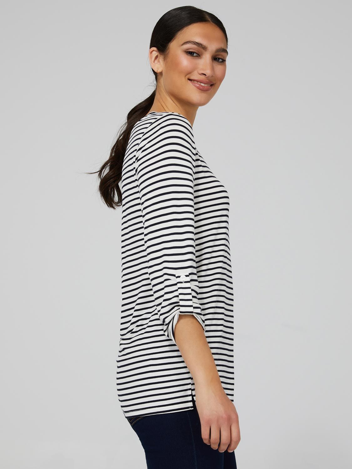 Striped 3/4 Rolled Sleeve Round Neck Top sold by Suzy Shier product image thumbnail 3