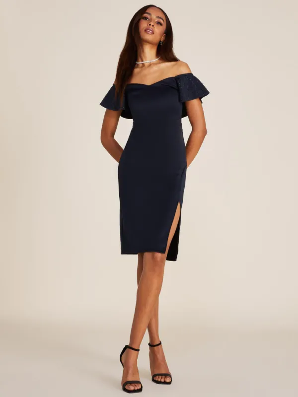 Off-The-Shoulder Midi Sheath Dress With Rhinestone Detail sold by Suzy Shier