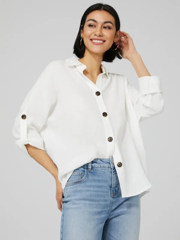 Oversized Button-Front High-Low Shirt sold by Suzy Shier