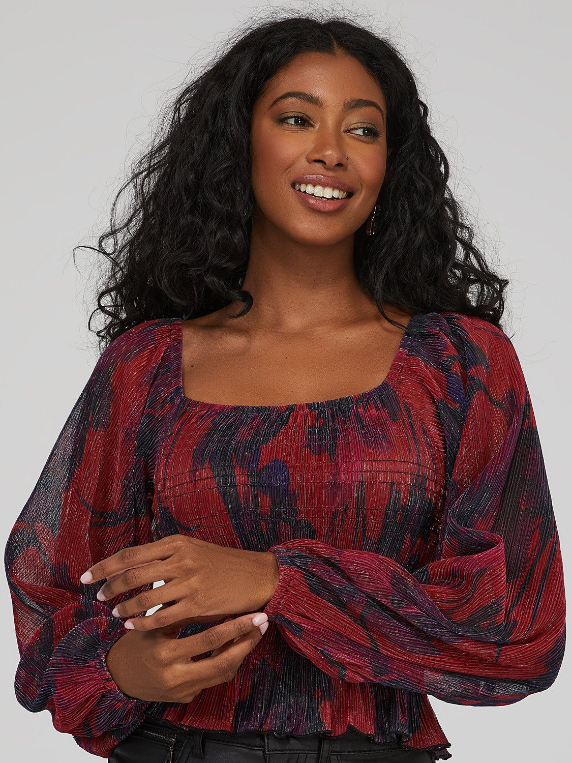 Printed Smocked Square Neck Top sold by Suzy Shier